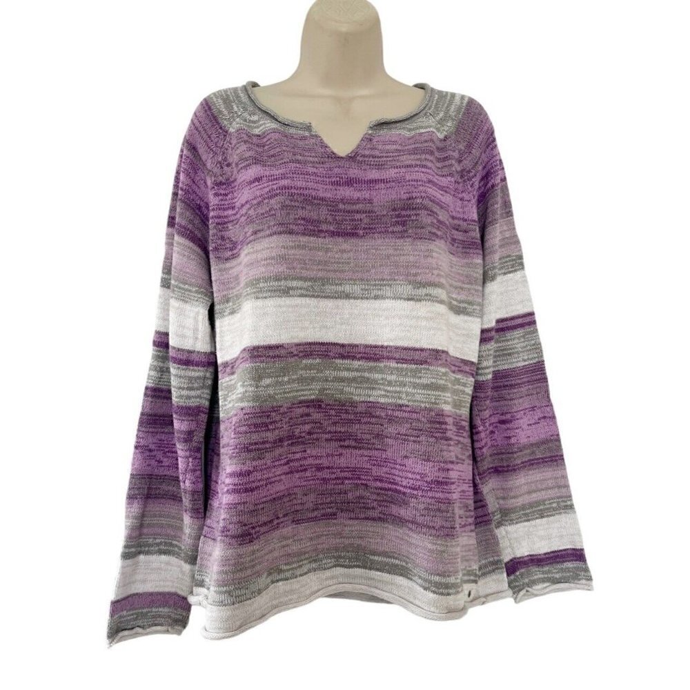 Eddie Bauer Womens Sz L Purple Gray Tan Striped Long Sleeve V Neck Sweater